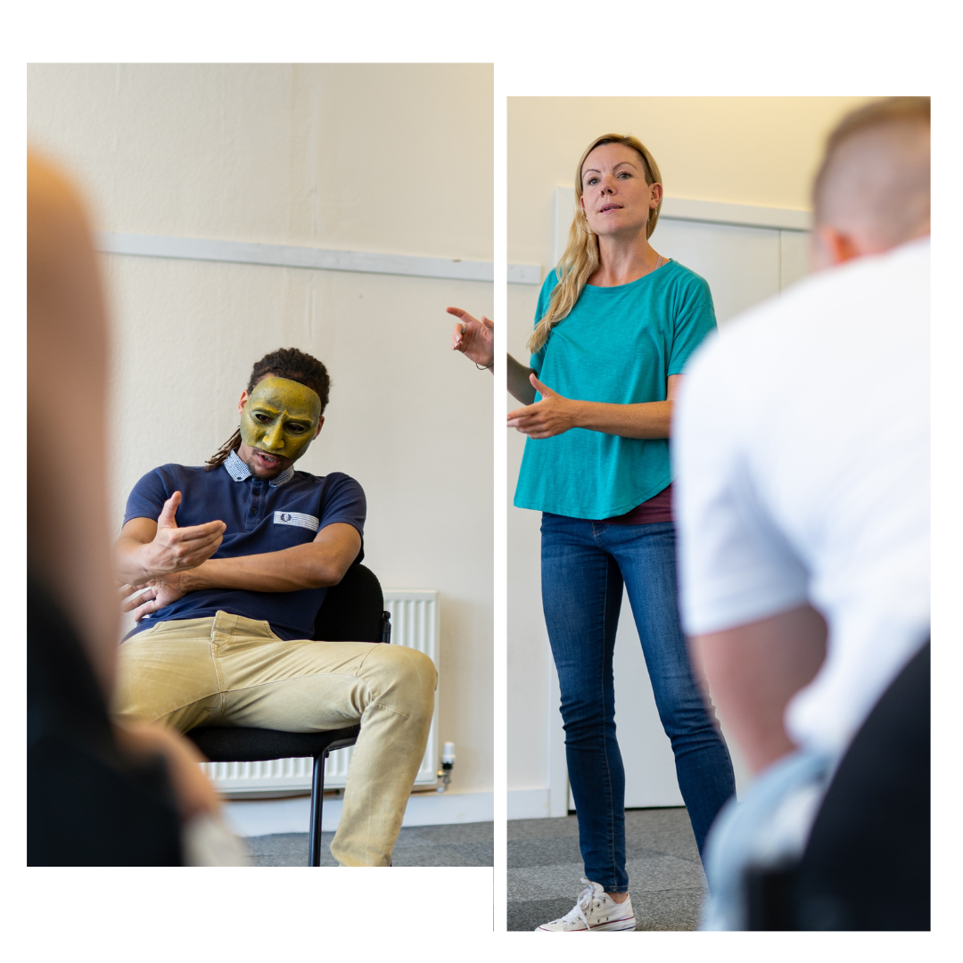 Practitioner Team Manager, Emma, delivering whilst Practitioner Daniel is seating in mask