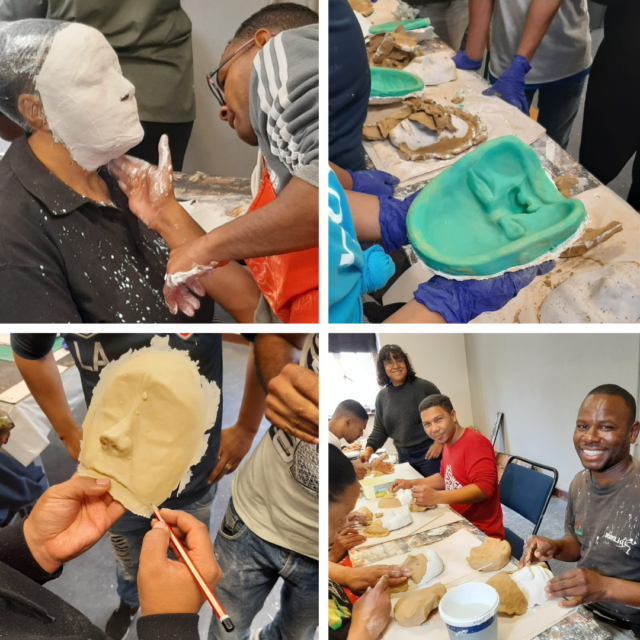 A collage of images of Second Chance Theatre Group making masks