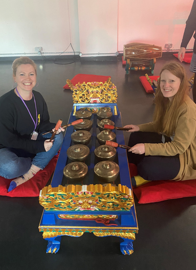 Liz and Ros play the Gamelans during Good Vibrations workshop